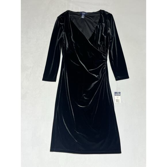 Chaps Velvet Faux Wrap Sheath Dress 4 Black V Neck Ruched Classic Cocktail - Picture 1 of 14